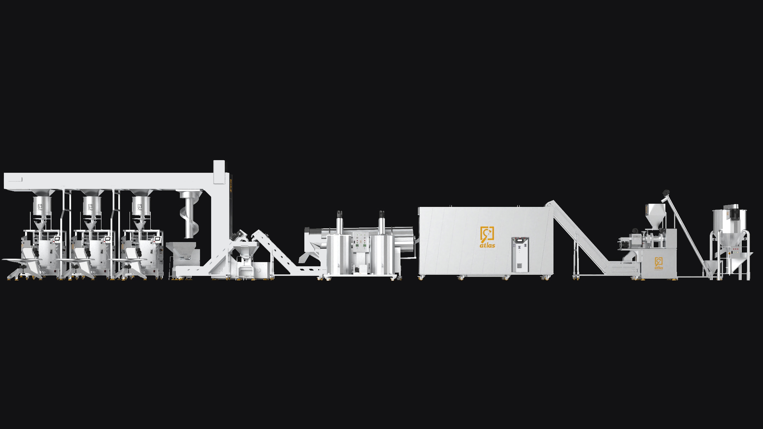 Corn chips production line project for 200 kg equipped with a three-layer oven and three volumetric filling machines